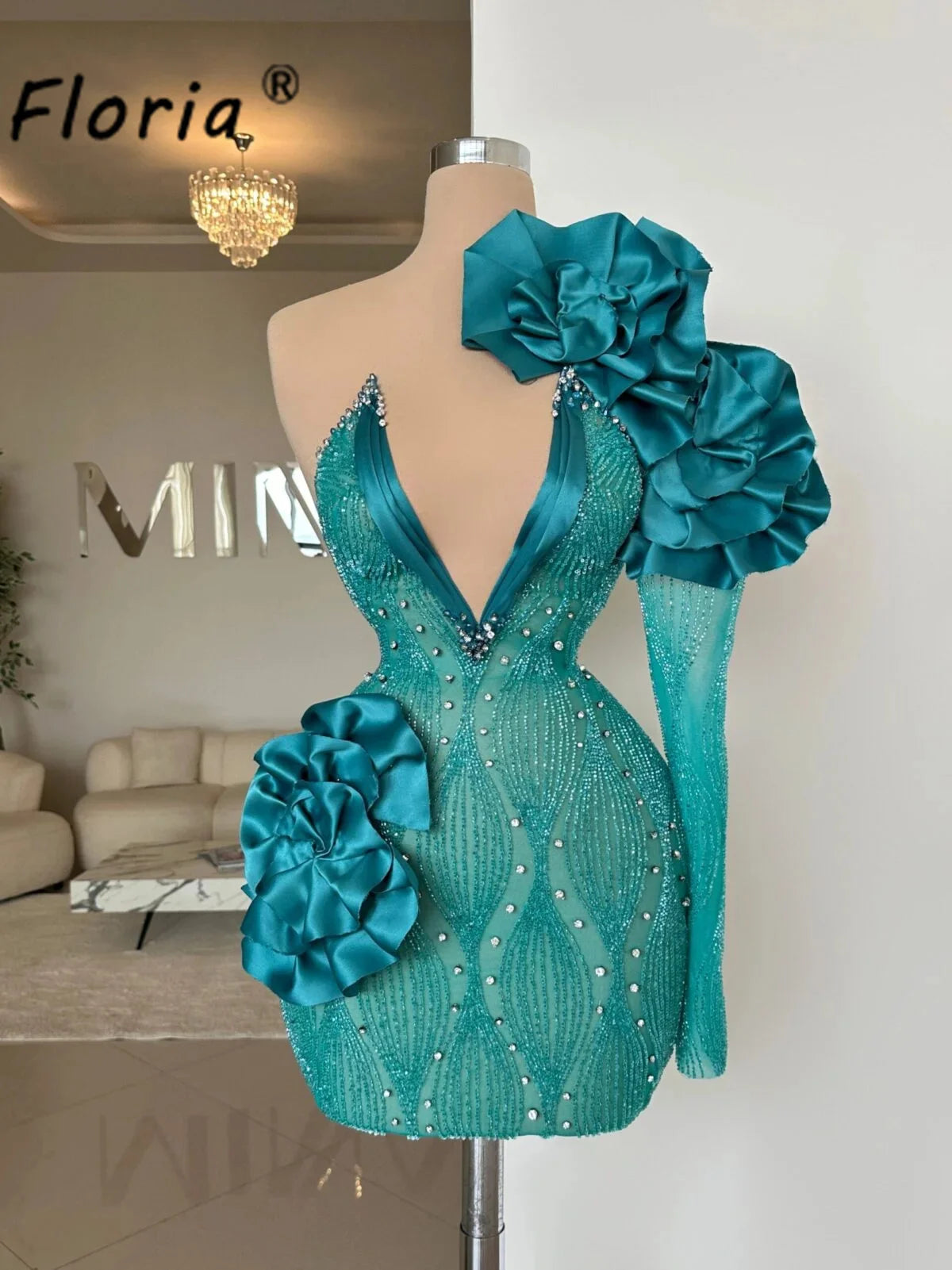 One Shoulder Green Short Cocktial Dress Customized Crystal Ruffles Birthday Party Gown Illusion Long Sleeve Homecoming Mini Gala