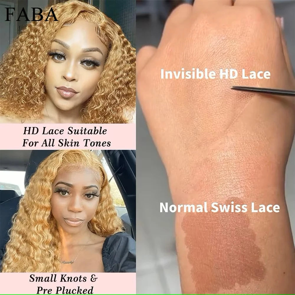 FABA Glueless Wigs Echthaar #27 Farbe Honigblond Deep Wave Echthaarperücke 13x4 Lace Front Perücken mit Babyhaar 180% Dichte