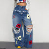 European and American High Street Ripped Jeans Women Double Waist Letter Patch Wide Leg Pants Floor Mopping Pants Loose Straight