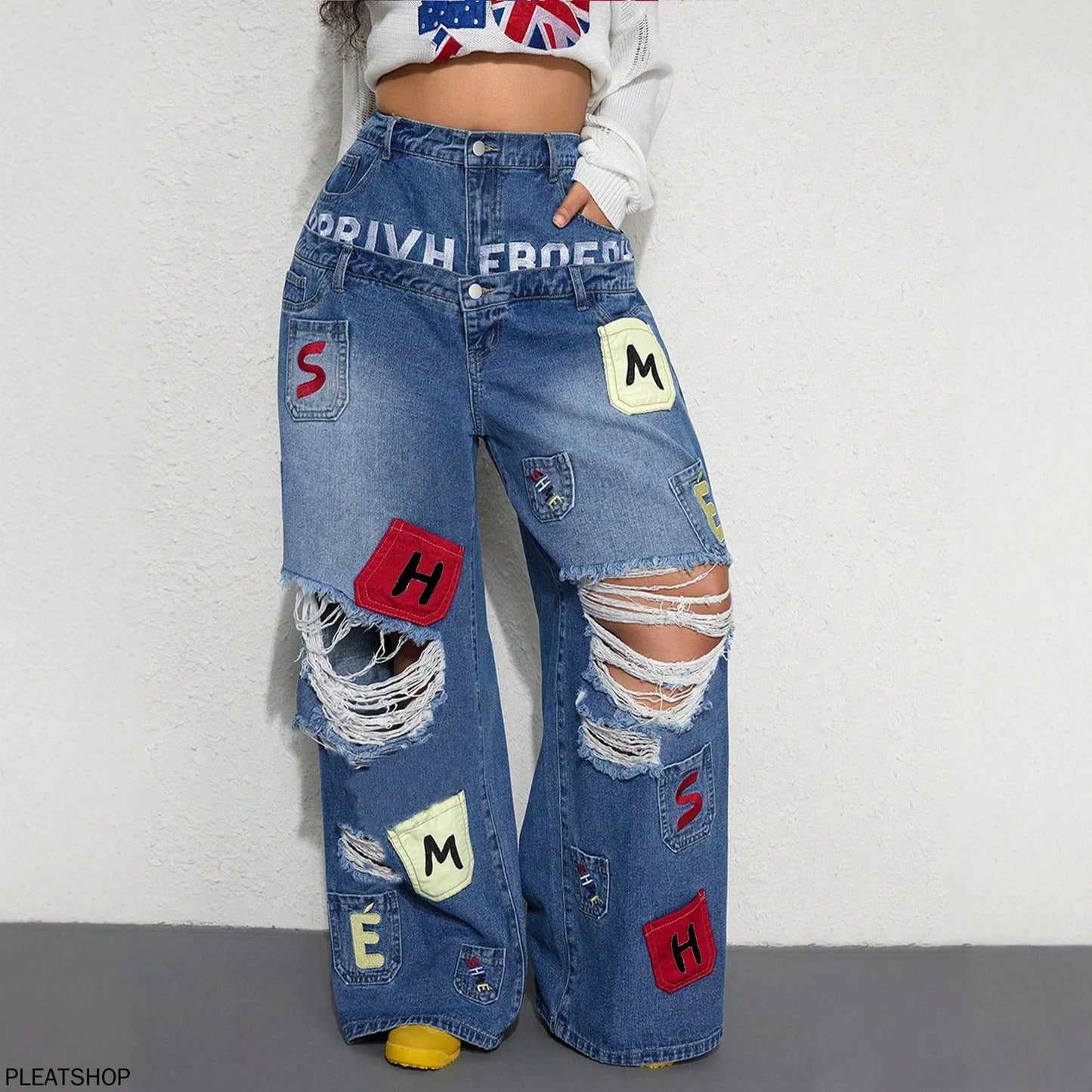 European and American High Street Ripped Jeans Women Double Waist Letter Patch Wide Leg Pants Floor Mopping Pants Loose Straight