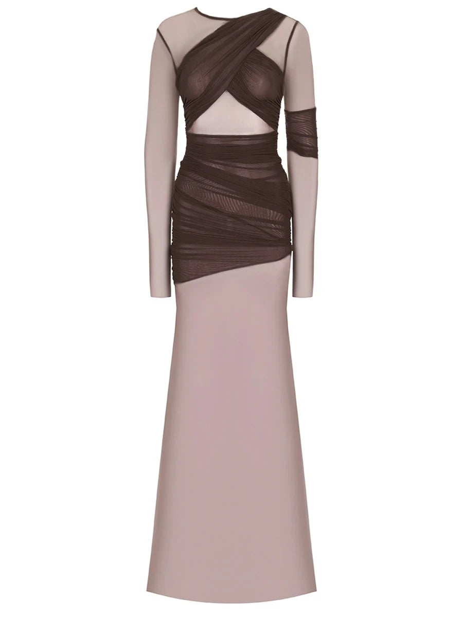 Articat Elegantes Mesh-Patchwork Langarm-Bodycon Party Club Abendkleid Sexy Doppellagiges Perspektivkleid Herbstkleidung