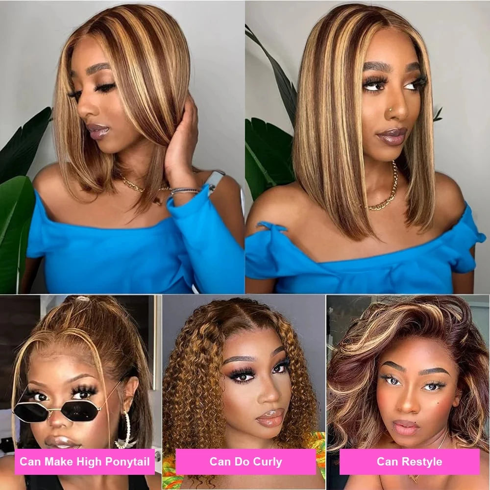 Highlight Perücken Echthaar Straight Bob Perücke 4/27 Ombre 13x4 Lace Front Echthaar Perücke 100% Remy Haar vorgezupft Transparente Spitze