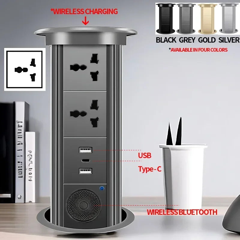 Motorized Lifting Pop Up Tower Power Outlet Hidden Mounted Kitchen Worktop USB Type C Socket with Speaker Wireless Charging