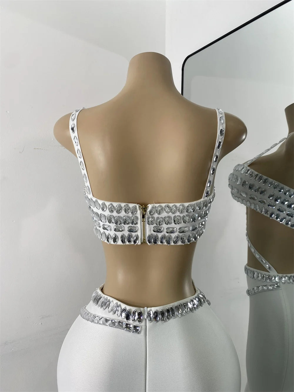 Luxus Kristall Diamanten Top Rock Zweiteiler Damen Bandage Sets Weiß Schwarz Gestrickt Celebrity Abend Geburtstag Party Outfit