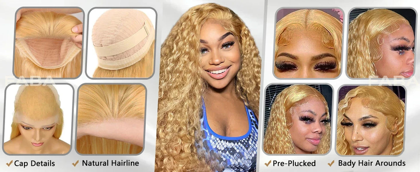 FABA Glueless Wigs Echthaar #27 Farbe Honigblond Deep Wave Echthaarperücke 13x4 Lace Front Perücken mit Babyhaar 180% Dichte