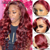 13X4 HD Transparente Lace Front Perücken Burgunderrote Echthaarperücken Vorgezupft 30 Zoll Body Wave Lace Front Perücken für Frauen Gelockt