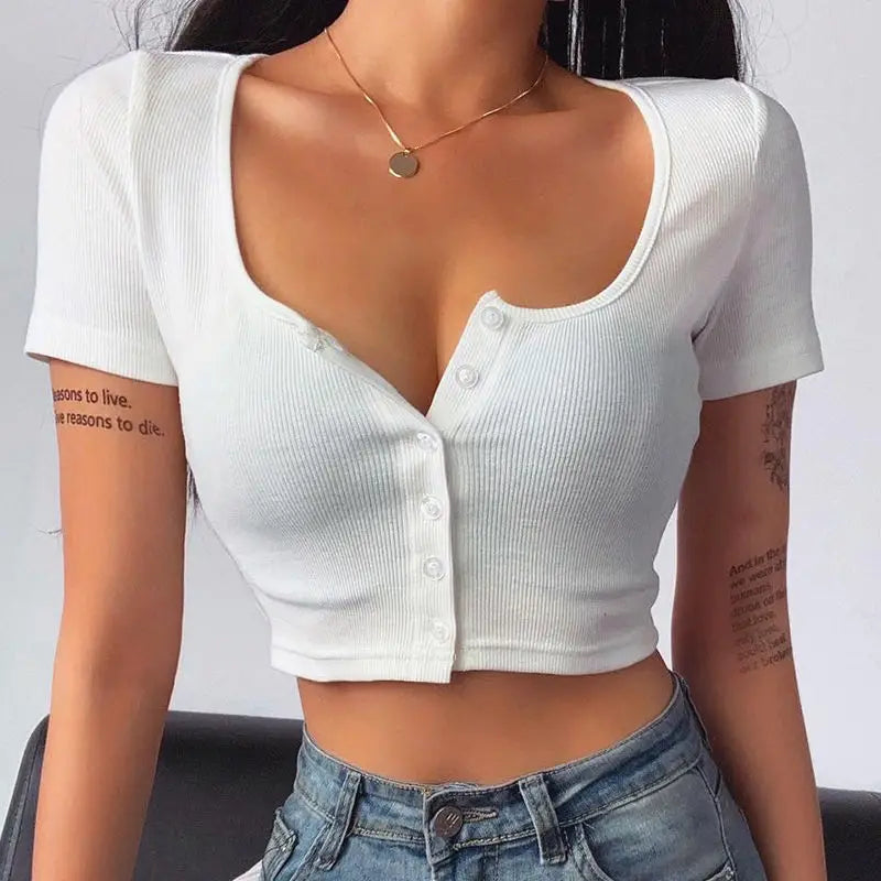 90er Jahre Vintage Y2k Cropped Top Damen Koreanische Mode Kpop T-Shirt Damen Knöpfe Eng Sexy Weißes Strick-T-Shirt Japanische Kleidung