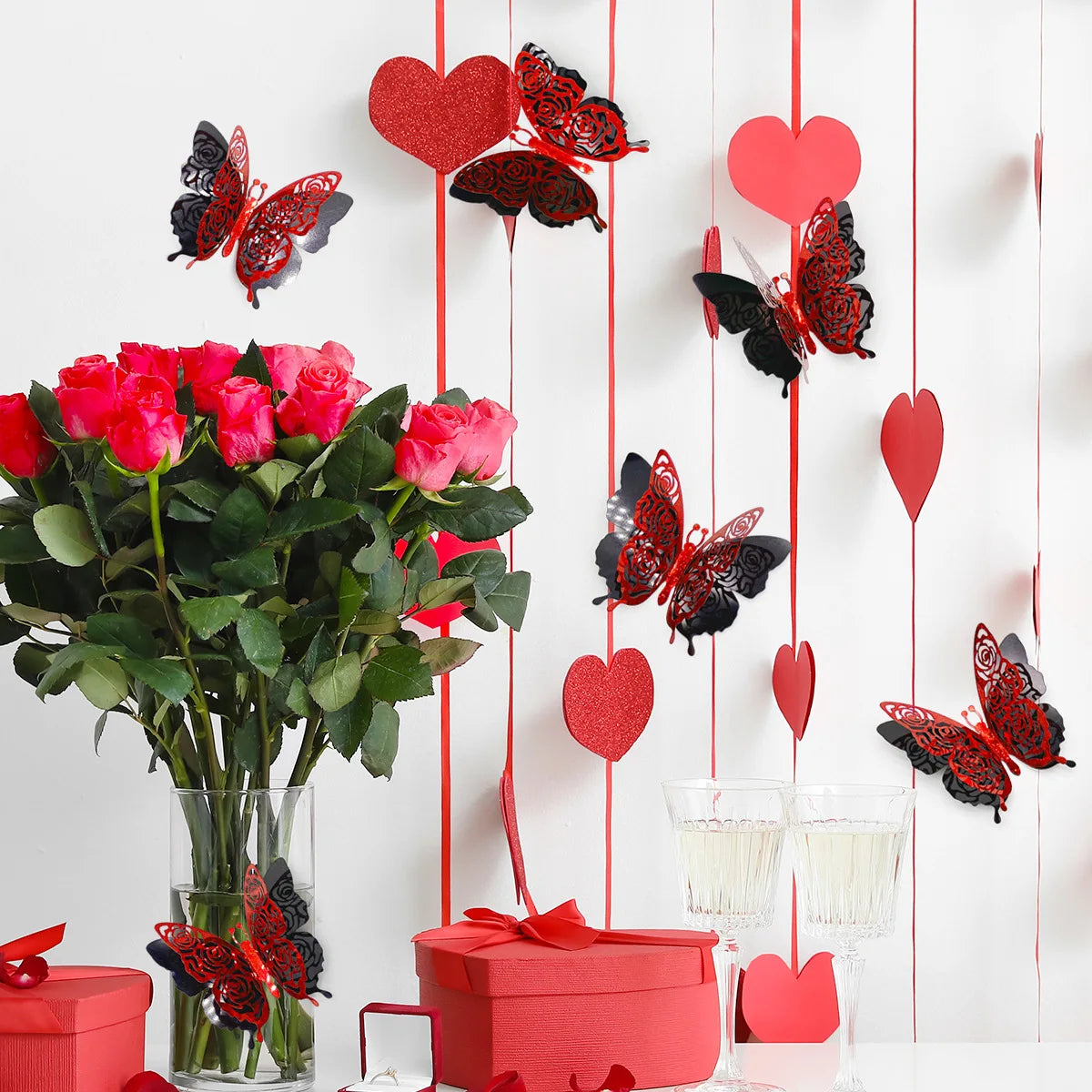 6pcs/set 3d Double Layer Butterfly Valentine's Day Decorative Wall Stickers Glitter Gold Butterfly Decorative Stickers