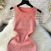 Beading  Summer Women's Knitting Sheath Tank Dress Female Bodycon Knitted Camisole Sleeveless Mini Dresses For Woman Outfits