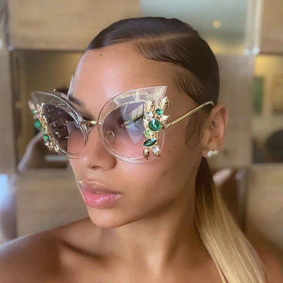 Luxus Diamant Cat Eye Sonnenbrille Damen Mode Übergroße Schmetterlings-Sonnenbrille Weibliche Steampunk Brille Eyewear Shades Oculos