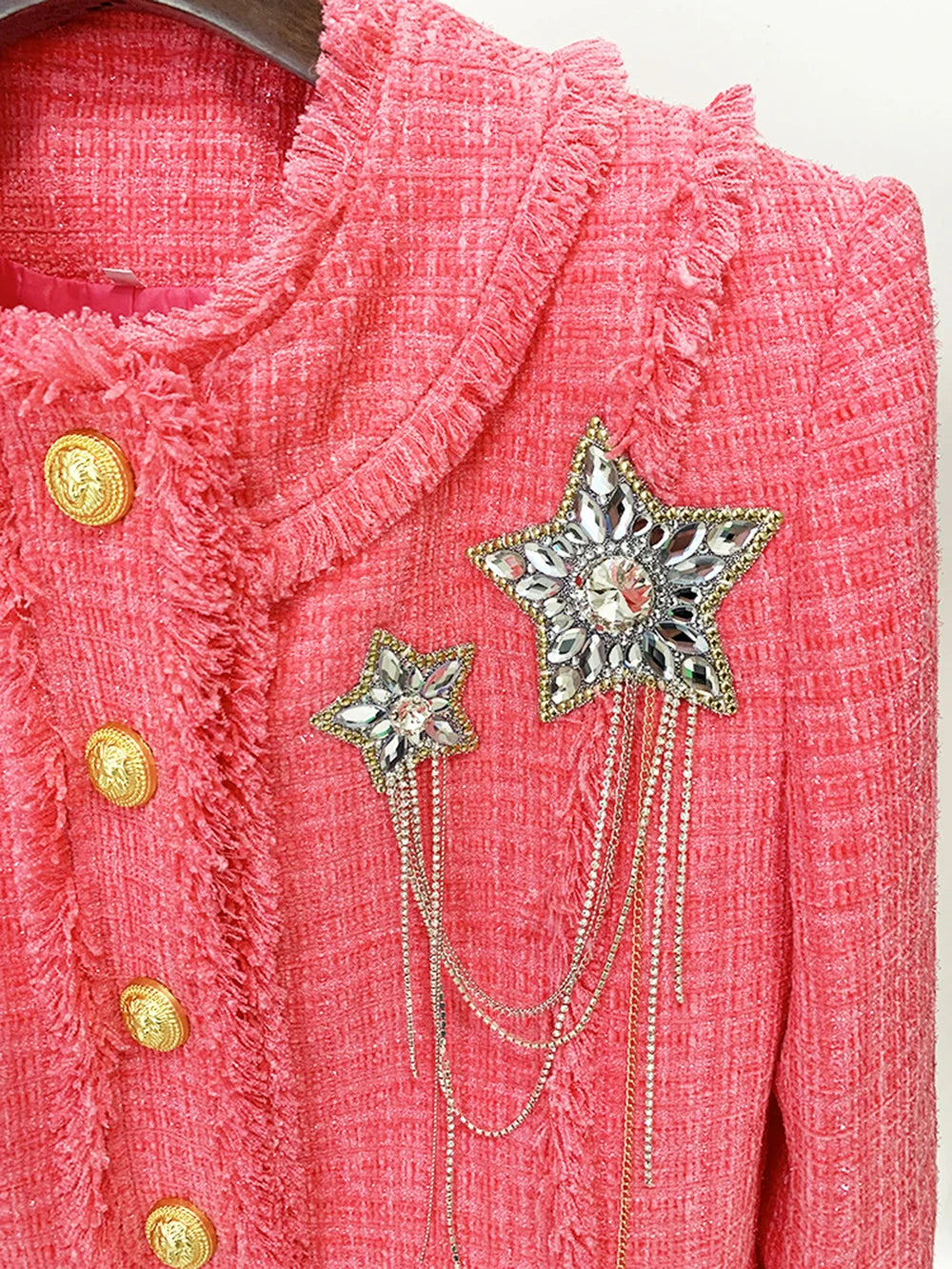 Modphy Winter Sweet Luxury Tweed Rose Pink Jackets Women Diamond Tassels Woollen Coats Elegant Straight Outerwear Tops Female