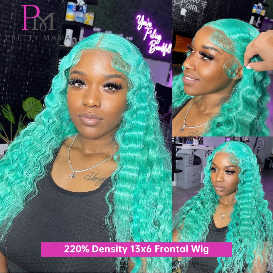 13x4 13x6 Green Blue Lace Front Wigs Human Hair Deep Wave Lace Closure Frontal Wig Deep Curly Mint Green Colored Human Hair Wigs