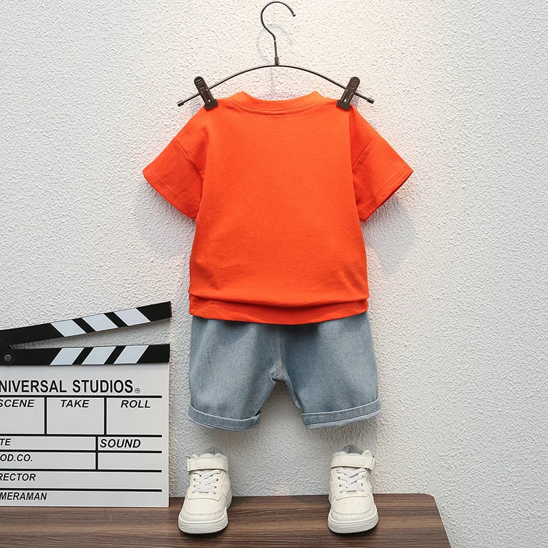 Baby clothes summer children's cartoon short sleeved set boys aged 0-5 solid color T-shirt denim shorts two-piece casual sportsw