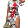 Trendy Printed Slim Midi Dresses Women Fashion Package Hip Bodycon Short Sleeves Drawstring Slit Dress Casual Ladies Streetwear