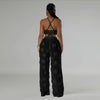 Women Two Piece Pant Sets Sexy Hollow Out Vest Sleeveless Tanks Tops Splice Long Pants Drawstring Streetwear Summer 2025