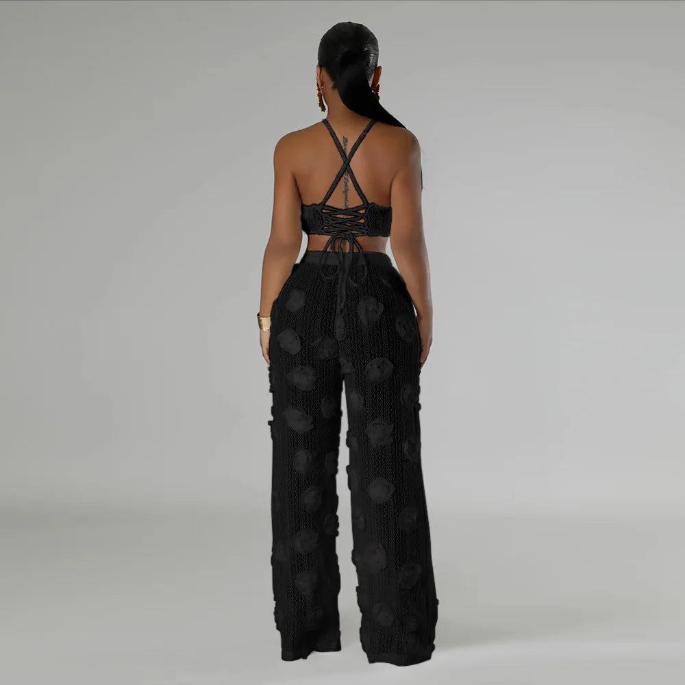 Women Two Piece Pant Sets Sexy Hollow Out Vest Sleeveless Tanks Tops Splice Long Pants Drawstring Streetwear Summer 2025