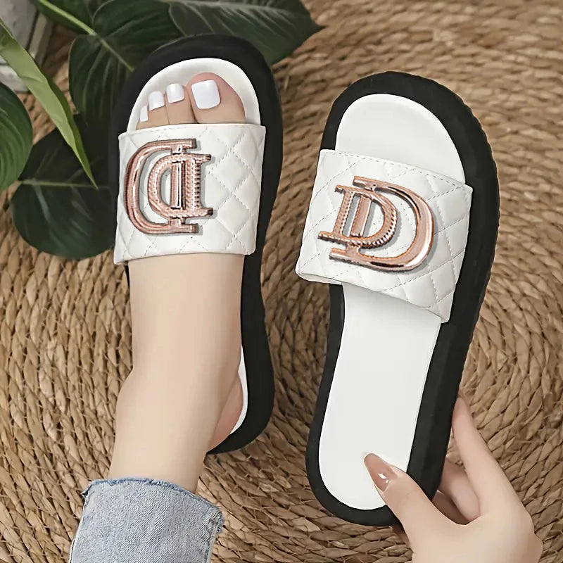 Women's Diamond Grid Luxury Decor Flat Sandals Charm Design Open-toe Vacation Casual Slides Party Elegant Office-Ladies Shoes