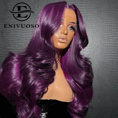 200% Density 13X6 Dark Purple Colored Body Wave Lace Front Wigs Pre Plucked Glueless 13x4 Long Wavy Lace Frontal Wigs For Women