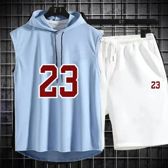 Summer New Men's Sleeveless Hooded T-shirt+shorts pants Sports two-piece set gym  Fashion  Casual Men Women Sports Two Piece Set
