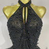 Women Luxury Rhinestones Pearls Feathers Halter Backless Short Dress Women Sexy Celebrate Birthday Dress Nightclub Stage Costume