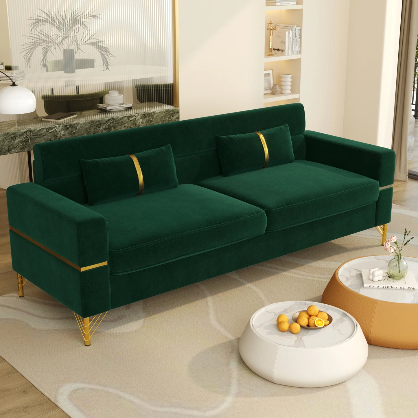 86-Zoll-Samtsofa mit goldenen Beinen – Bequemes Sofa, Loungesofa, 3-Sitzer-Couch – Luxuriöses Samtsofa für die Wohnzimmereinrichtung