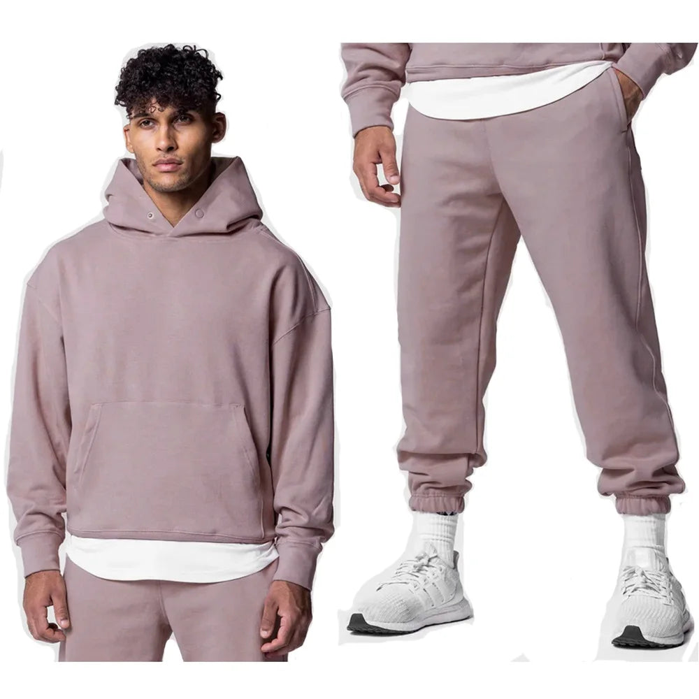 Men's Thick Cotton Training Sets Hoodie Casual Sports Pullover Hooded 2-piece Top with Pants Sweatshirts Gym Running Tracksuits
