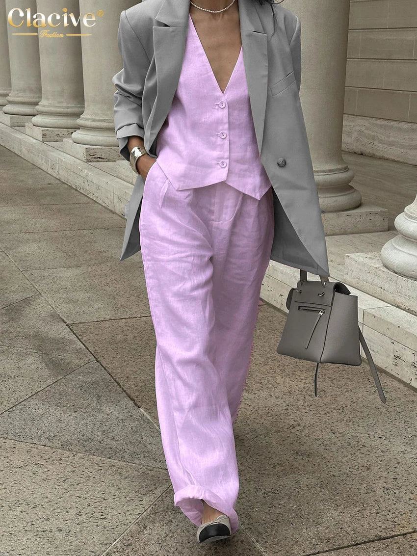 Clacive Summer White Linen Two Piece Set For Women 2023 Fashion Sleeveless Tank Top New In Matching High Waist Wide Pants Set