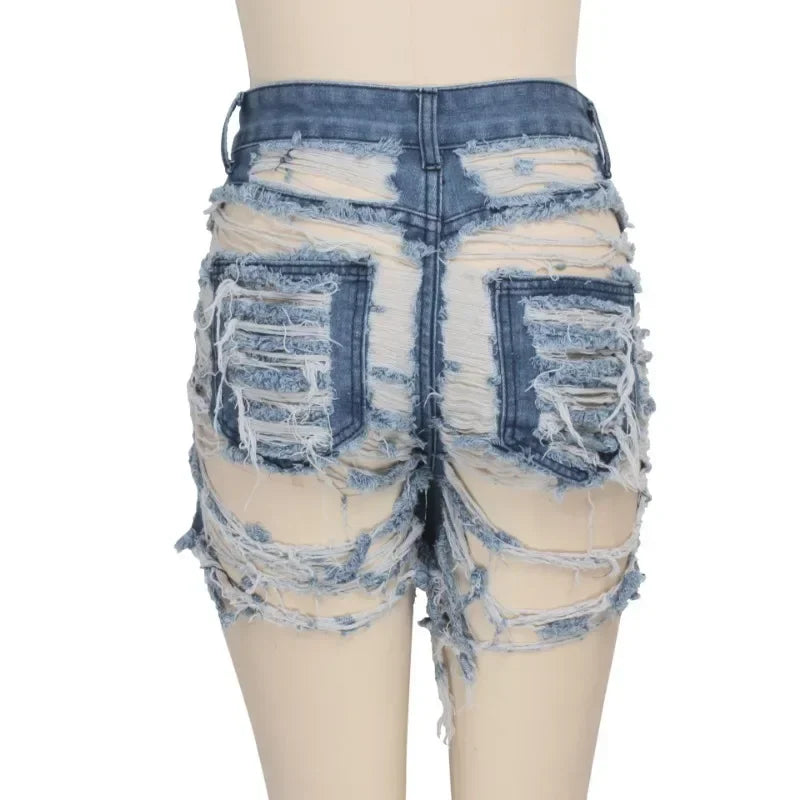 New Ripped Denim Shorts Women Bottoms Female Jeans High Waist Holes Tassel Classic Denim Shorts Close-Fitting Pants Fashion
