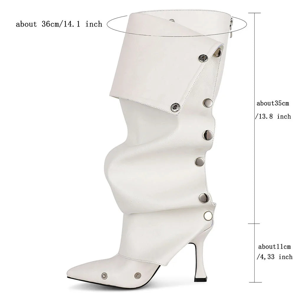 GIGIFOX Kniehohe Stiefel mit Umschlag für Damen Stiletto High Heels Spitz zulaufende Zehenpartie Reißverschluss hinten Verstellbare Schnalle Halbwadenhohe Stiefel
