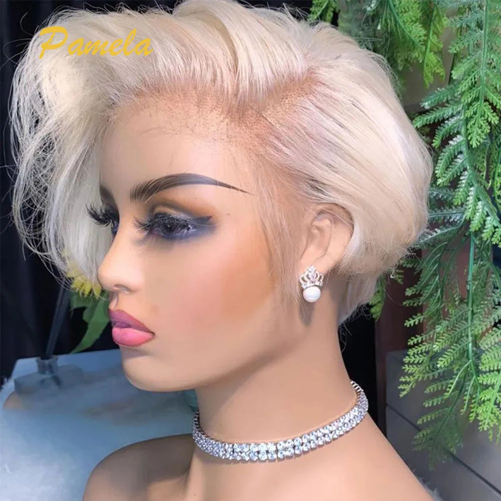 Pixie-Cut-Perücke Brasilianisch 613 Blond Glatt Seitenscheitelperücke 13x4 Kurzer Bob HD Transparente Lace-Front Echthaarperücke für Frauen