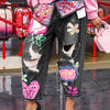 Chic Women Spring Floral Embroidery Diamonds Beaded Holes Denim Pants High Waist Loose Rhinestones Jeans Cowboy Broken Trousers