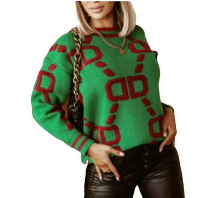 Damen Strickpullover Frühling/Herbst 2023 Rundhals Buchstaben Stickerei Pullover Oberteil Temperament lässig warmes T-Shirt Kontrastfarbe