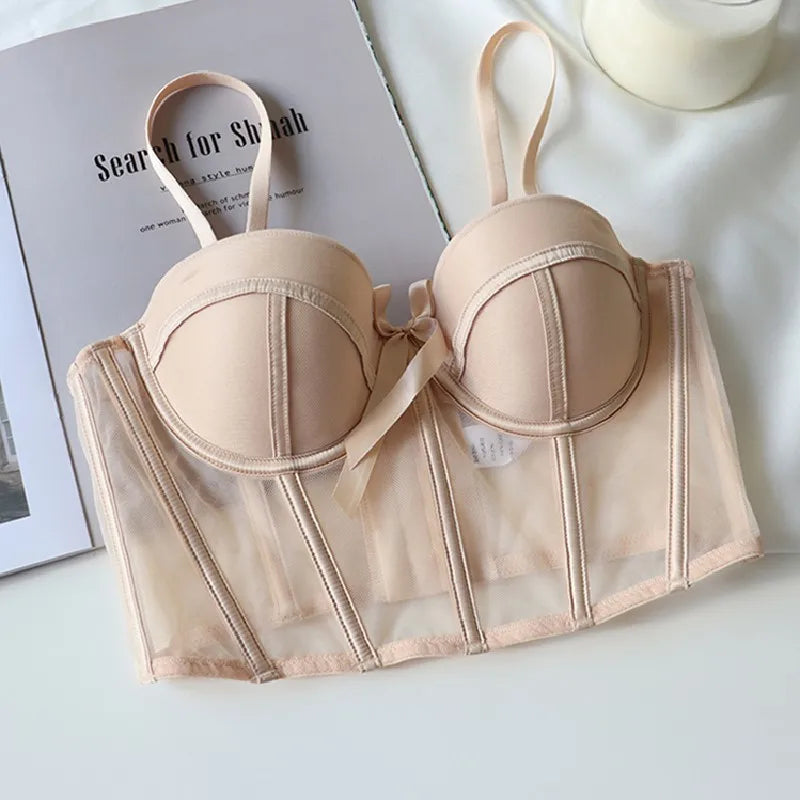 French Ladies Transparent Mesh Corset Sexy Shaper Thin Bra Set Night Club Sweet Cropped Top Girls Hot Bra and Panties Bralette