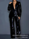 Sequin Blazer V-Neck Two Piece Pant Suit Set