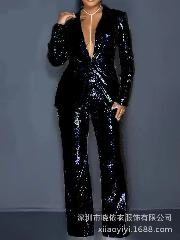 Sequin Blazer V-Neck Two Piece Pant Suit Set