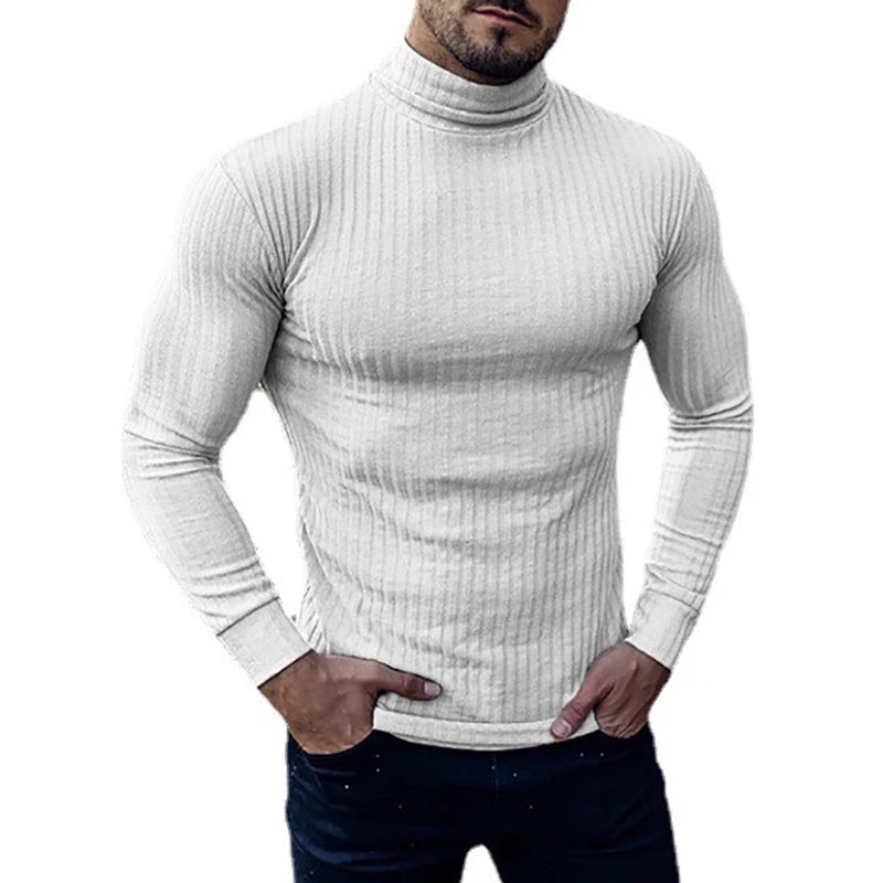 Spring Autumn Classic Black Ribbed Knit Roll Neck Jumper Mens New Fashion Slim Fit Thin Turtleneck Pullover Knitwear Sweaters