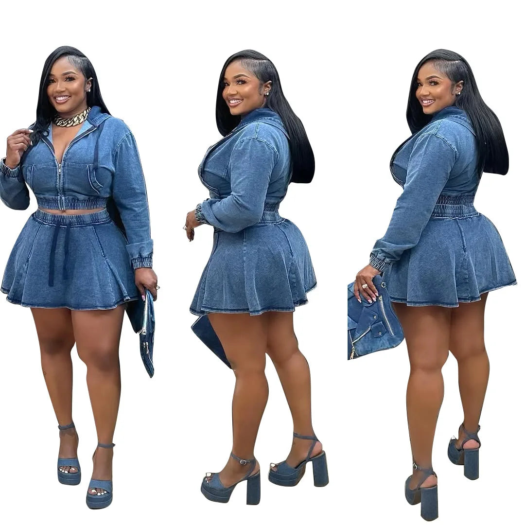 Two Piece Sets Women Denim Skirt Hooded Zipper Tops Short Dress Sets Skirts A Line High Waist Y2k Streetwear Elegant Slim Fit