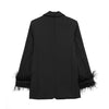 Willshela Damenmode Satin Schwarz mit Feder Blazer Jacke Vintage Kerbausschnitt Einreiher Lange Ärmel Damen Outfits