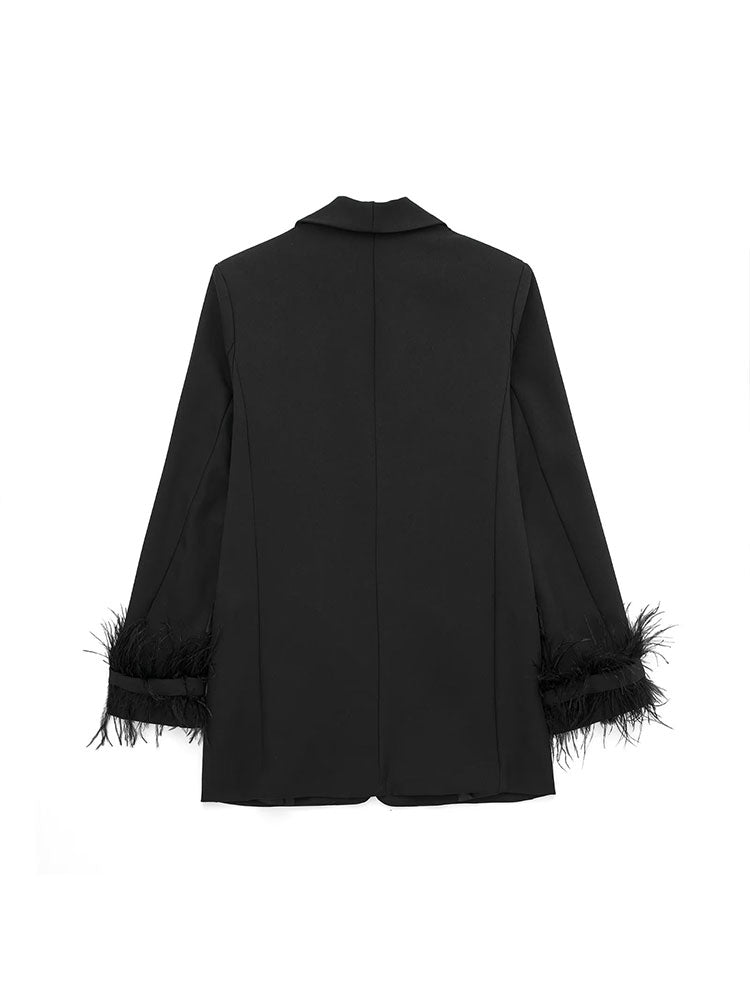 Willshela Damenmode Satin Schwarz mit Feder Blazer Jacke Vintage Kerbausschnitt Einreiher Lange Ärmel Damen Outfits