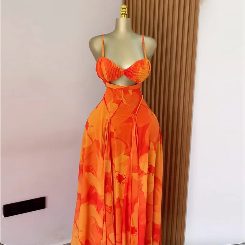 CM.YAYA Damen Blumenmuster Trägerloser Rückenfreier BH Vorne Großes Swing Maxi Langes Kleid 2025 Vintage Sexy Club Party Abendkleider