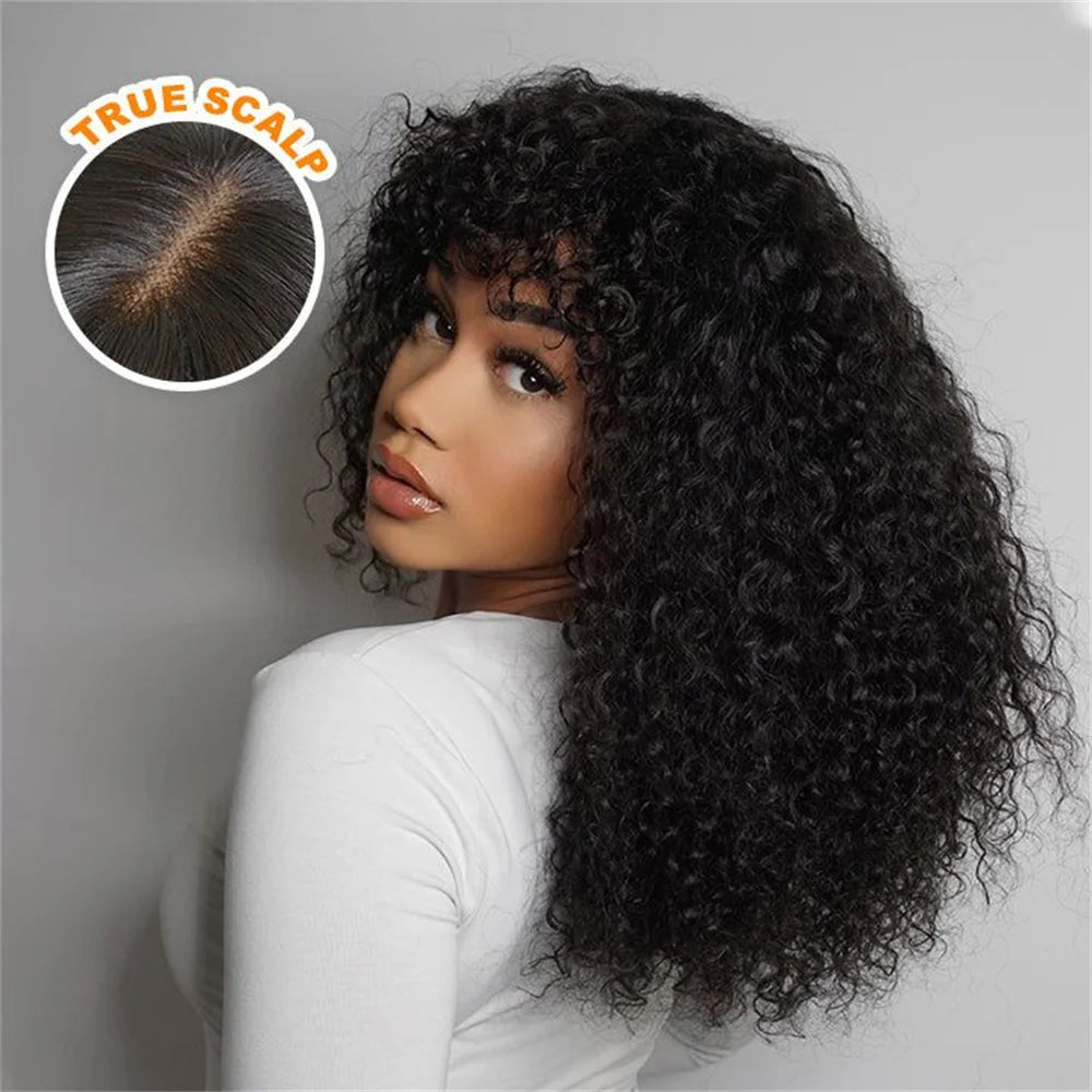 Kinky Curly Short Bob Wig mit Pony Echthaar Glatt Pony Bob Perücke Klebstofflose Minimalistische 2x1 Lace Scalp Bob Pony Perücke für Frauen