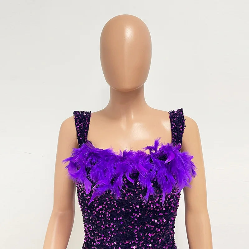 Damen Partykleid Ärmellos Glänzende Pailletten Feder Abendkleid Sexy schulterfrei rückenfrei Mini Formelle Ballkleider HXY8