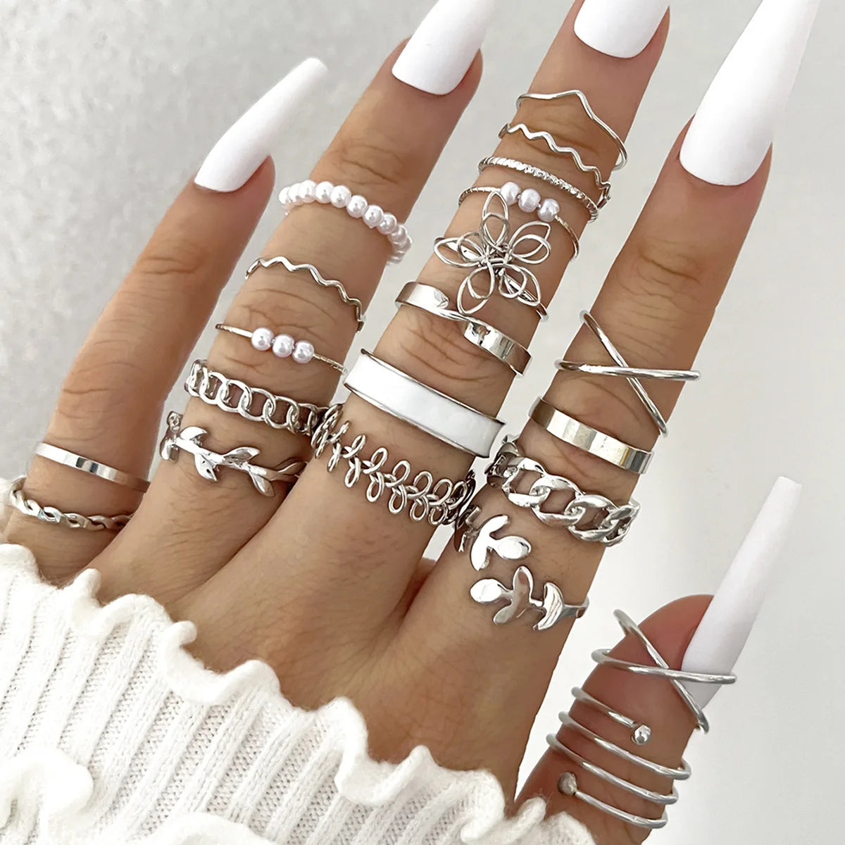 Silver Color Geometric Knuckle Rings Set For Women Eye Cross Sun And Moon Leaf Charm Finger Ring Female Boho Party Jewelry