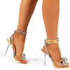 Comemore 2025 Rhinestone Bowknot Women Sandals Transparent High Heels Summer Sexy Square Toe Ankle Buckle Strap Shoes Stiletto