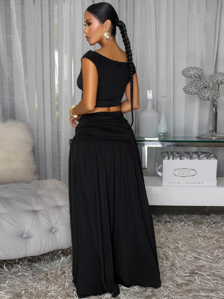 Beyprern Luxury Green Gold Broach Top & Maxi Skirt Set Two-Piece Dress Holiday Outfits Women High Slit Ruched Metal Bubble Dress