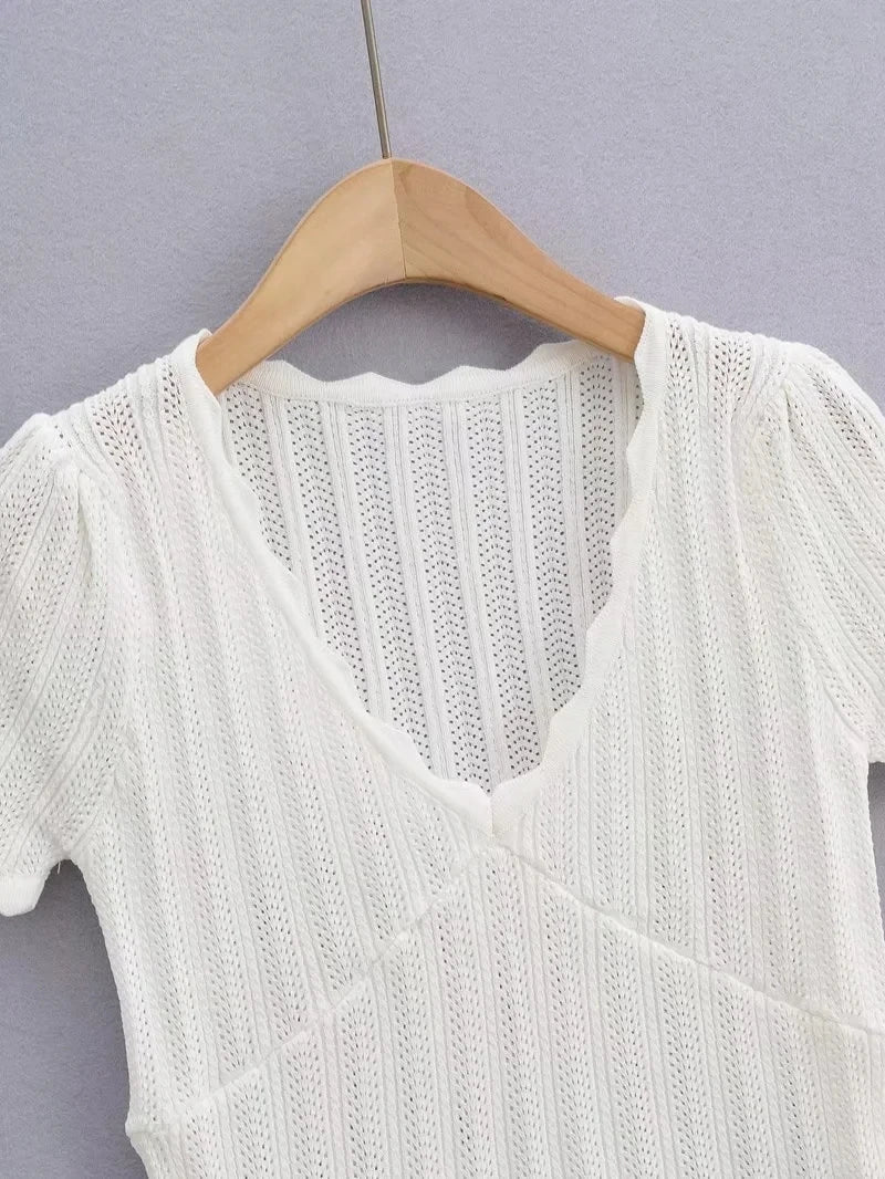 Damen V-Ausschnitt gestricktes Häkel-T-Shirt mit