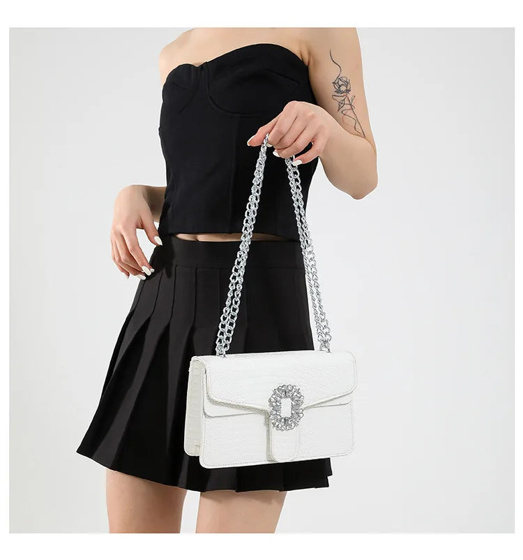 Crocodile Embossed Shoulder Bags For Women Flap PU Leather Fashion Rhinestone Decor Small Square Crossbody Bag Designer Handbag
