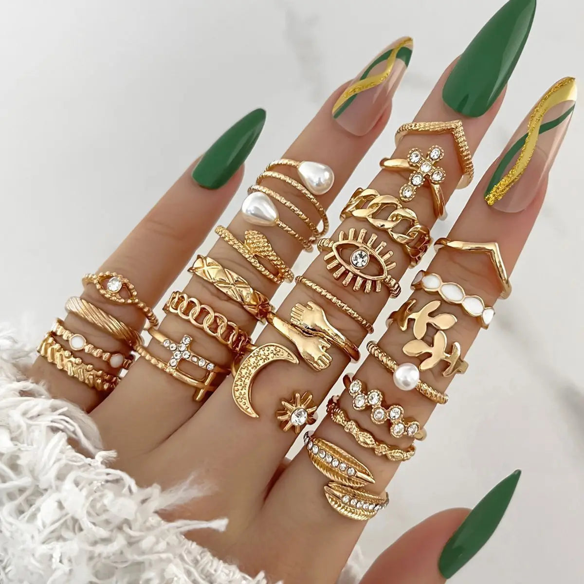 Silver Color Geometric Knuckle Rings Set For Women Eye Cross Sun And Moon Leaf Charm Finger Ring Female Boho Party Jewelry