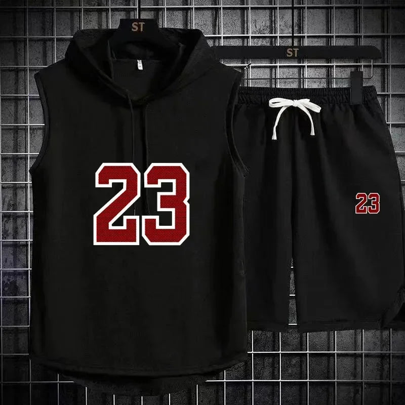 Summer New Men's Sleeveless Hooded T-shirt+shorts pants Sports two-piece set gym  Fashion  Casual Men Women Sports Two Piece Set