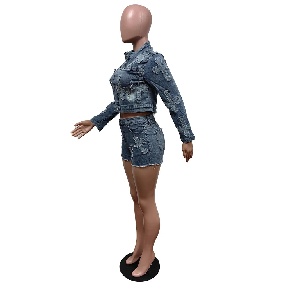 FAGADOER Fashion Denim Embroidery Shorts Two Piece Sets Women Zipper Long Sleeve Coat And Shorts Outfits Female Cowboy 2pcs Suit